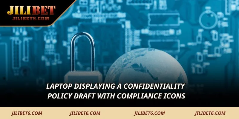 Laptop displaying a confidentiality policy draft with compliance icons