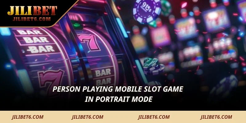 Person playing mobile slot game in portrait mode