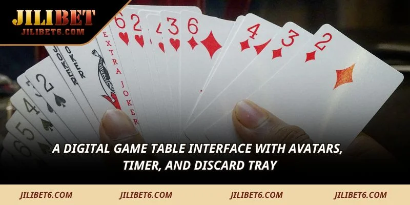 A digital game table interface with avatars, timer, and discard tray