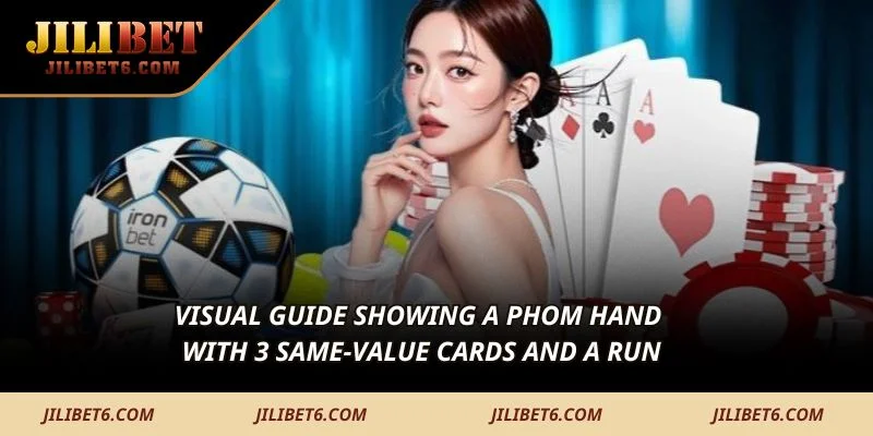 Visual guide showing a phom hand with 3 same-value cards and a run