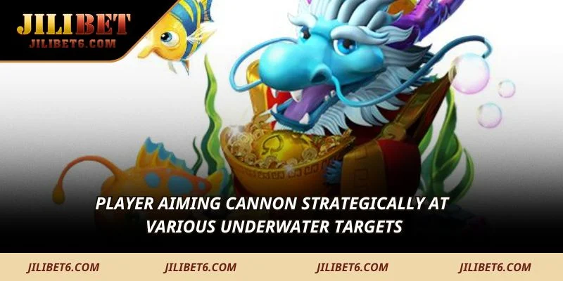 Player aiming cannon strategically at various underwater targets