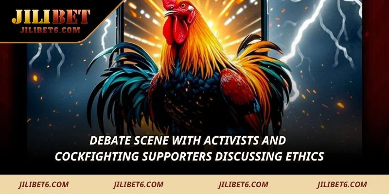 Debate scene with activists and cockfighting supporters discussing ethics