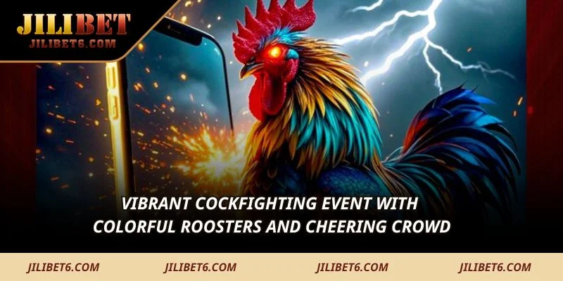 Vibrant cockfighting event with colorful roosters and cheering crowd
