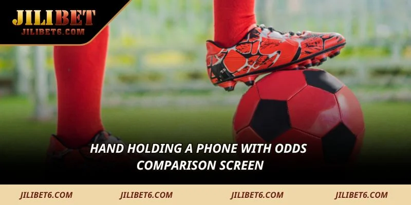 Hand holding a phone with odds comparison screen