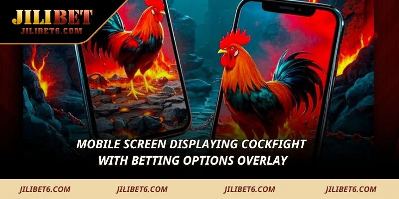 Mobile screen displaying cockfight with betting options overlay